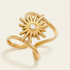 Seraphina Treasures gold sun ring with zircon stone, adjustable open band, cubic zirconia.