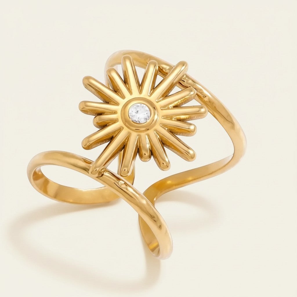 Seraphina Treasures gold sun ring with zircon stone, adjustable open band, cubic zirconia.