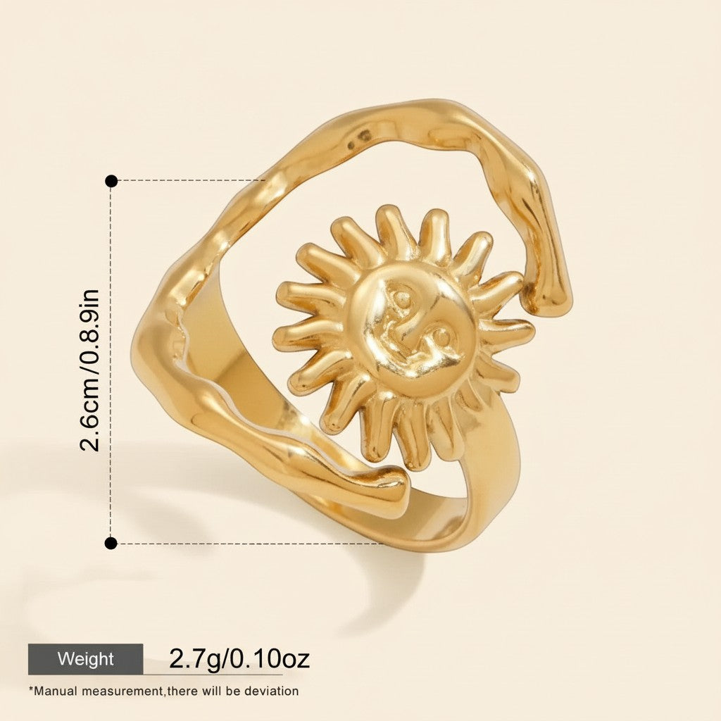 Seraphina Treasures gold abstract sun open ring, adjustable, hypoallergenic and waterproof.