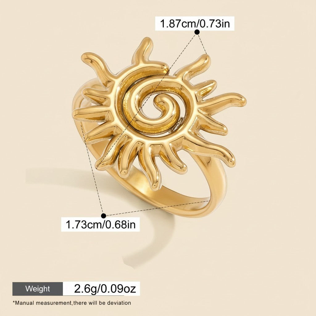 Seraphina Treasures gold sun ring with spiral detail. Waterproof and hypoallergenic.
