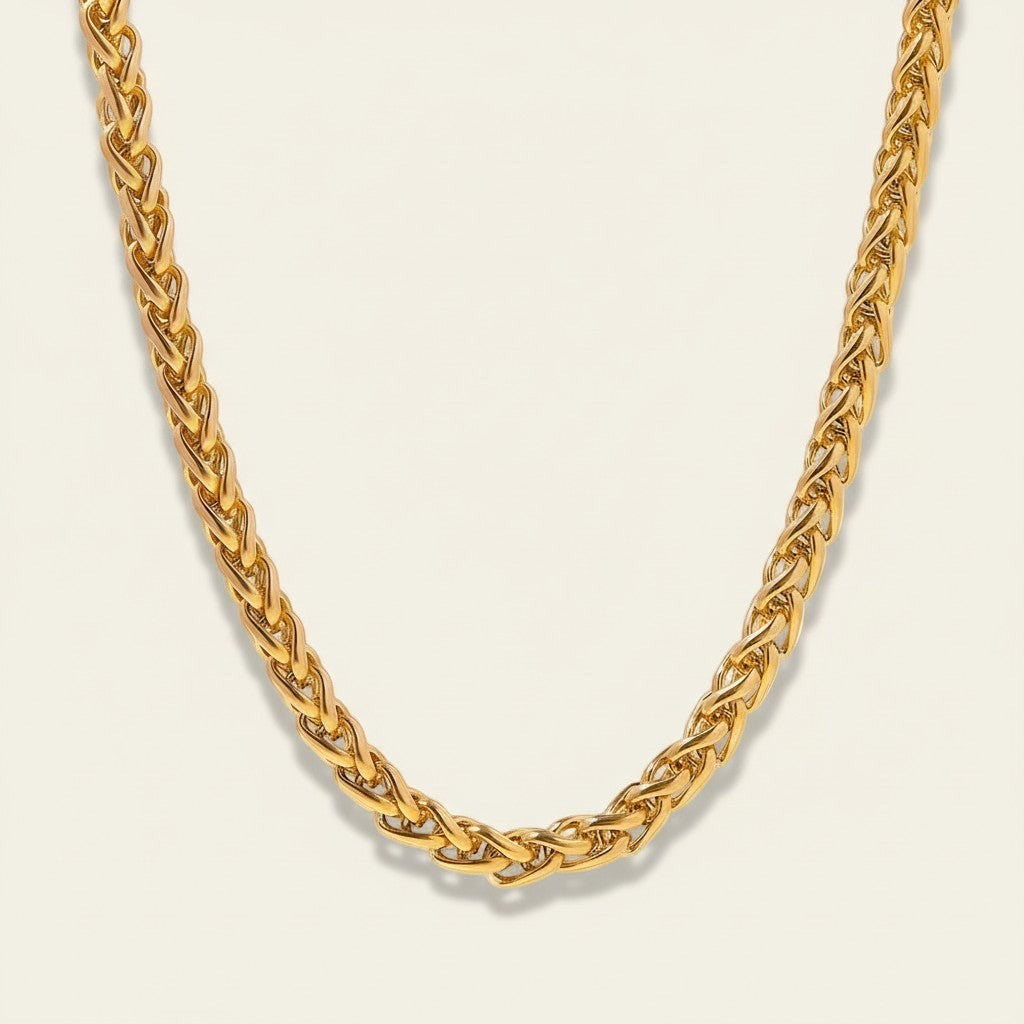 Seraphina Treasures Xantheia gold wheat chain necklace. Sleek, elegant, and versatile for layering or solo wear.