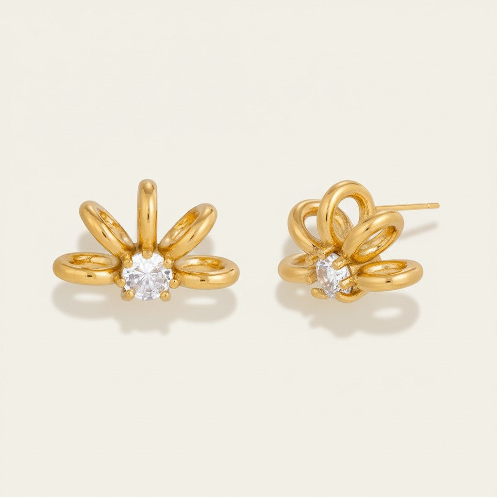 Seraphina Treasures gold hollow circle earrings with clear zircon stones, flower design.