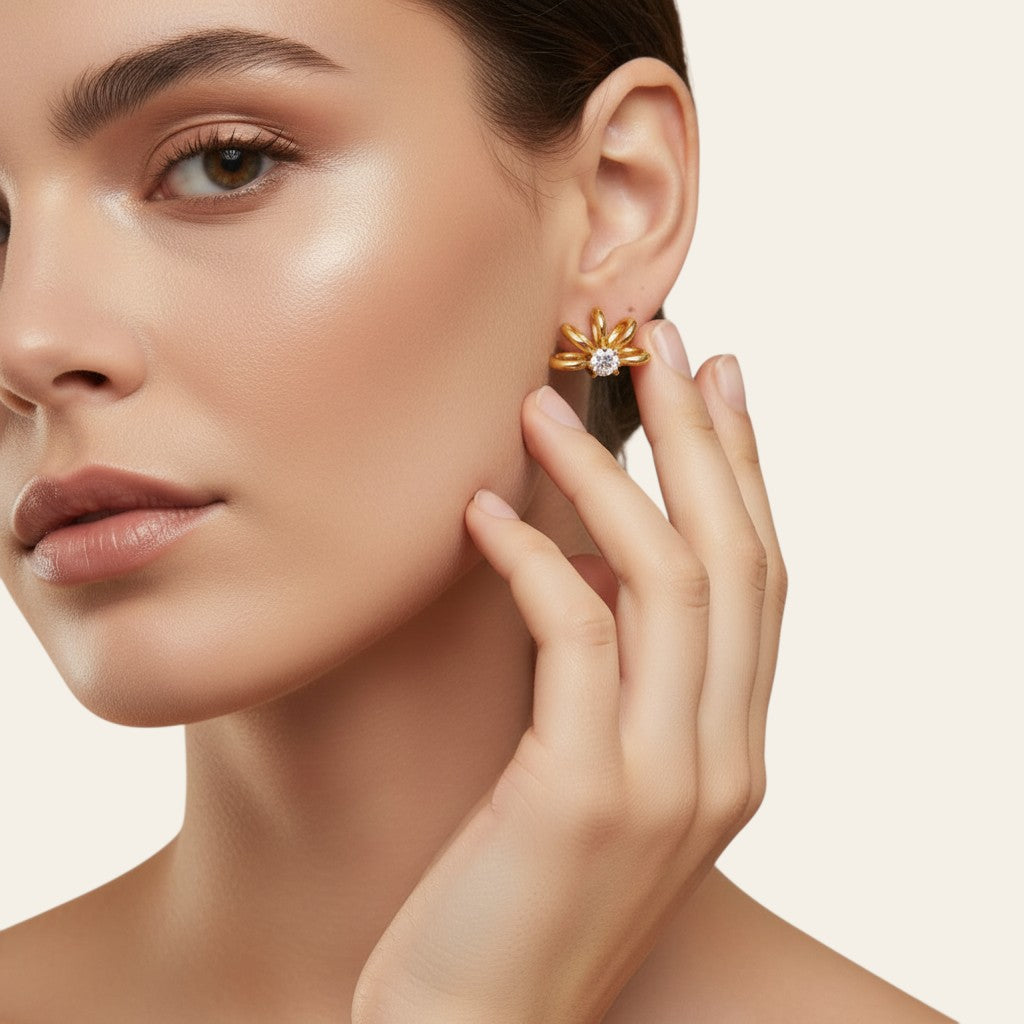 Seraphina Treasures gold hollow circle earrings with zircon stones, flower design.