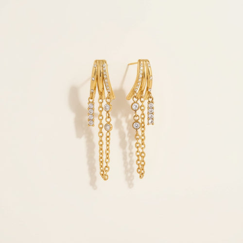 Seraphina Treasures gold-tone metal earrings with zircon pendants and chain tassels.