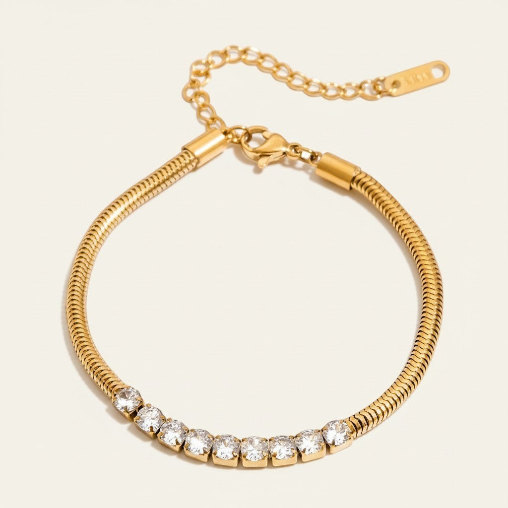 Seraphina Treasures Alethea gold snake chain bracelet with sparkling zirconia details and adjustable clasp.