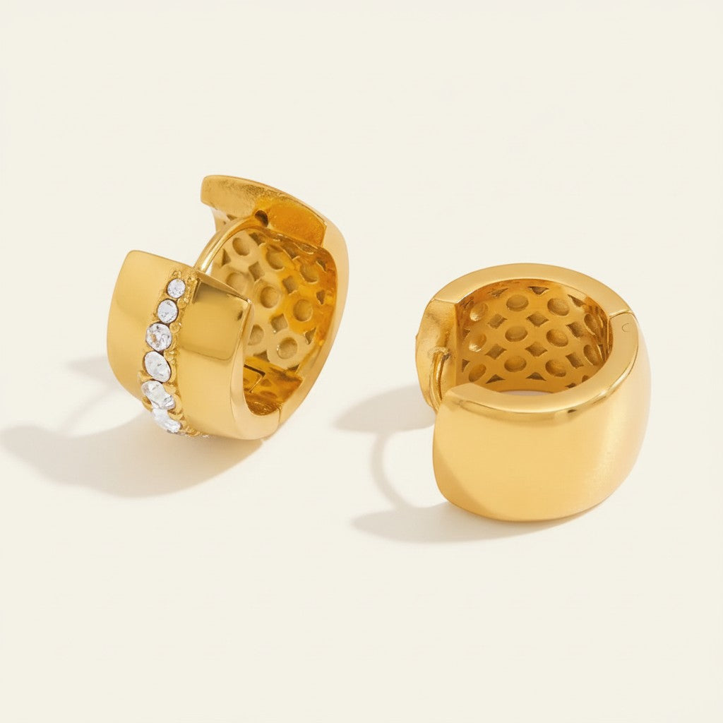 Seraphina Treasures gold hoop earrings with clear zirconias and textured inner detail. Elegant and substantial.