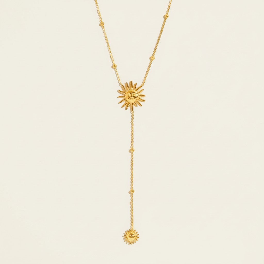 Seraphina Treasures Grainne gold necklace with sun charms and beaded chain, perfect for adding a cheerful touch.