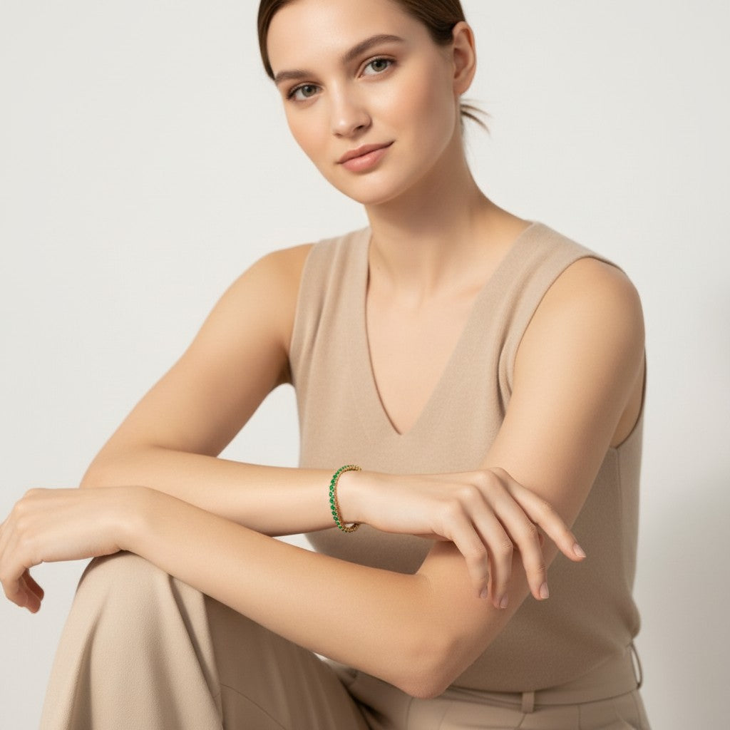 Seraphina Treasures Albina bracelet with green crystal zircon accents on a model's wrist.