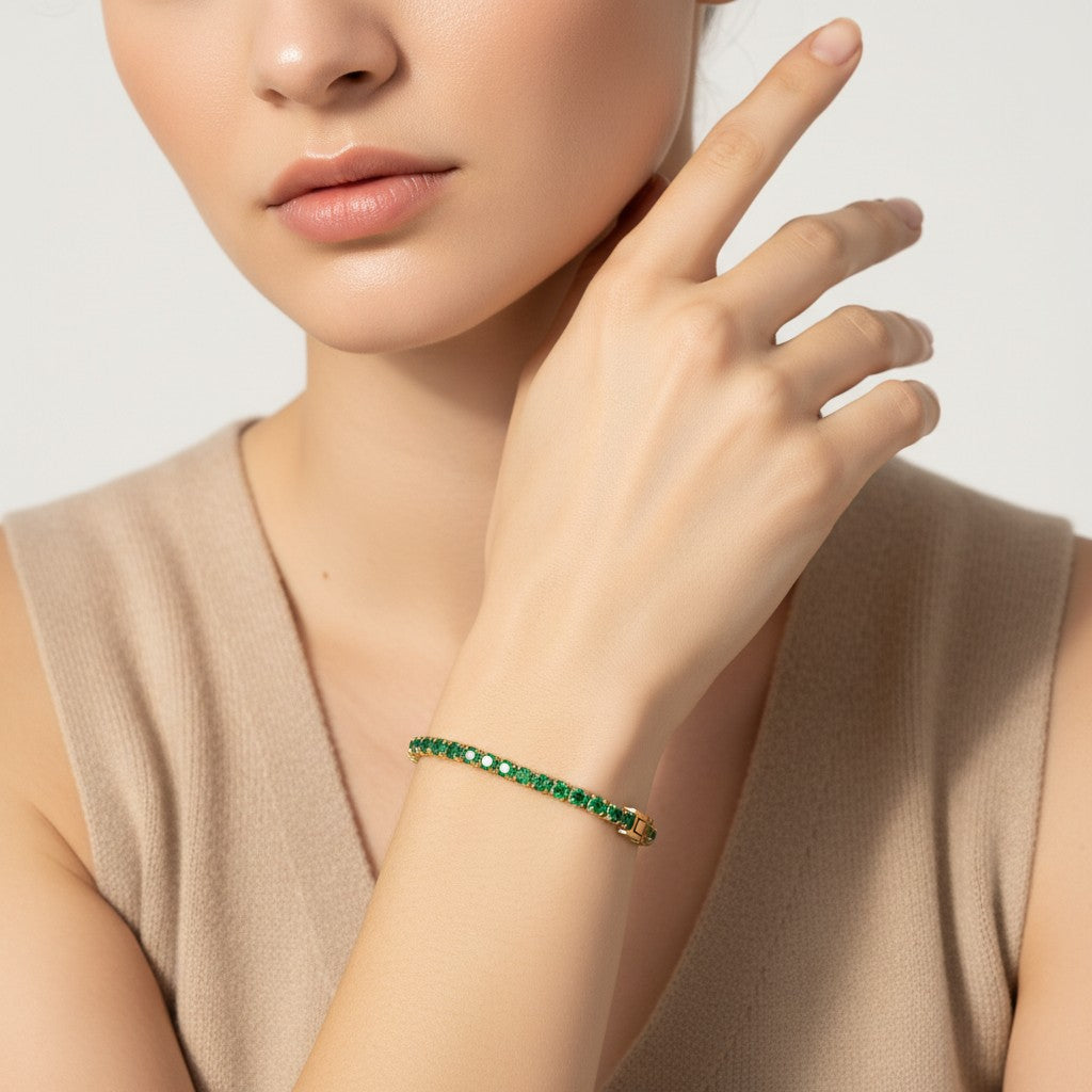 Seraphina Treasures Albina tennis bracelet with green crystal zircon accents and gold clasp, 17.5cm length.