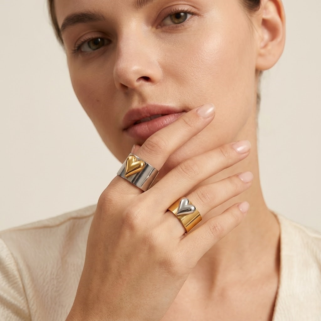 Seraphina Treasures Orvara ring with a gold heart accent on a silver band, and a silver heart accent on a gold band.