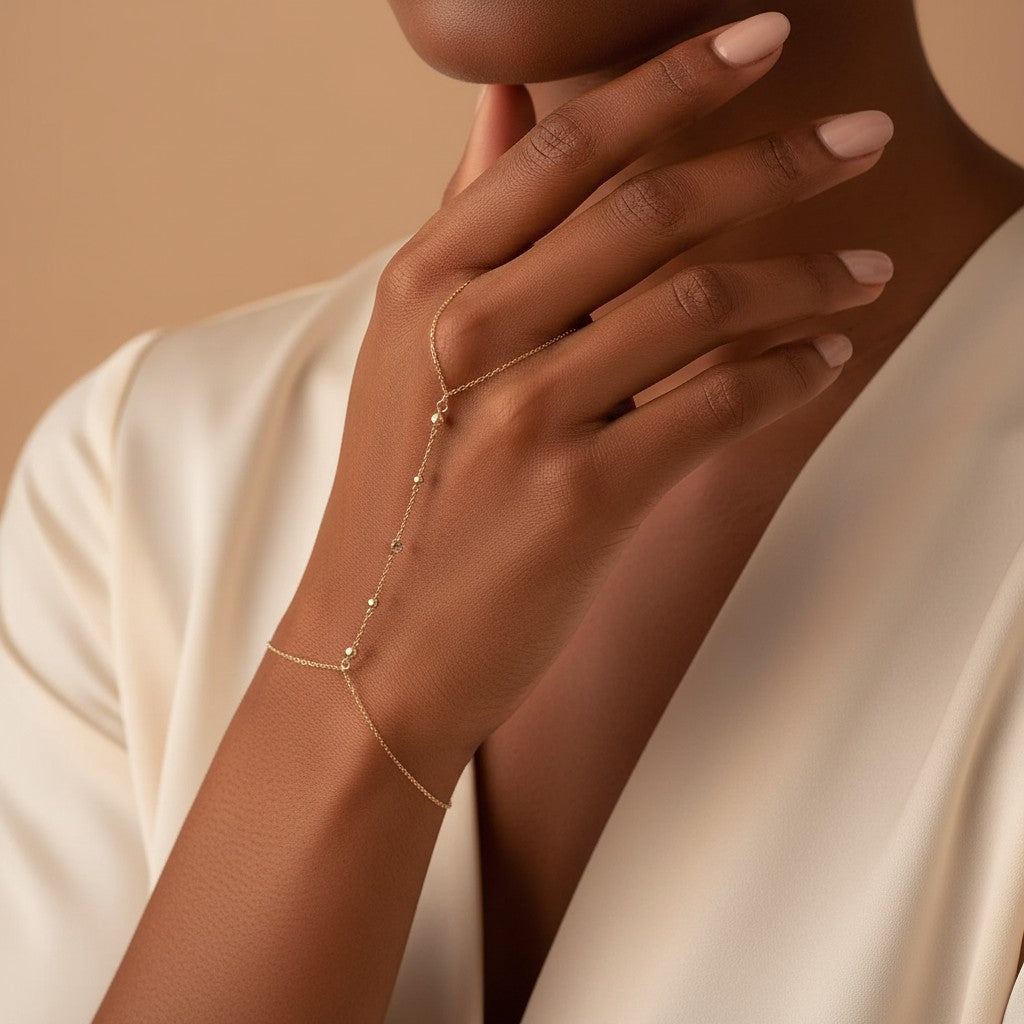 Seraphina Treasures Helia delicate gold chain bracelet and ring set with small beads and crystals.
