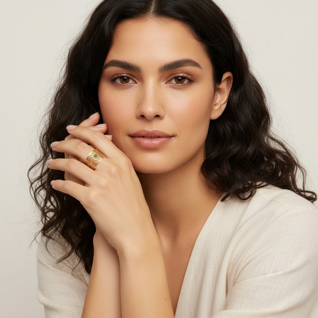 Seraphina Treasures Ione ring with gold filigree and a central green stone. Open design for adjustable comfort.