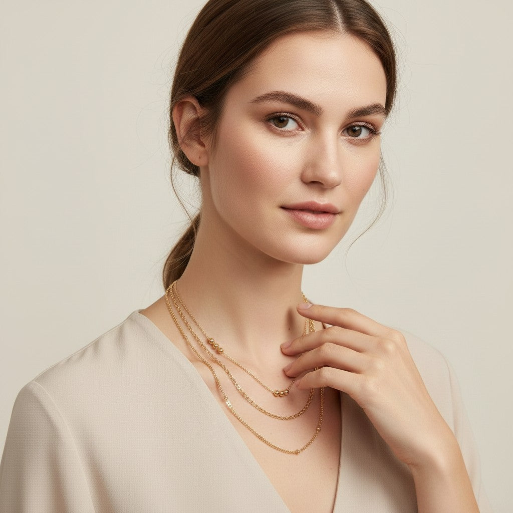 Seraphina Treasures Iridia layered gold necklace with delicate chains and small bead accents.
