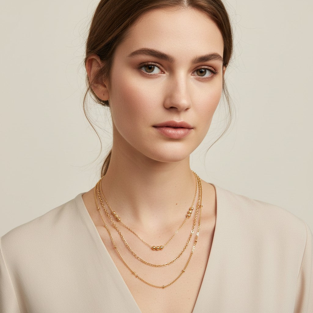 Seraphina Treasures Iridia layered gold necklace with delicate bead accents.