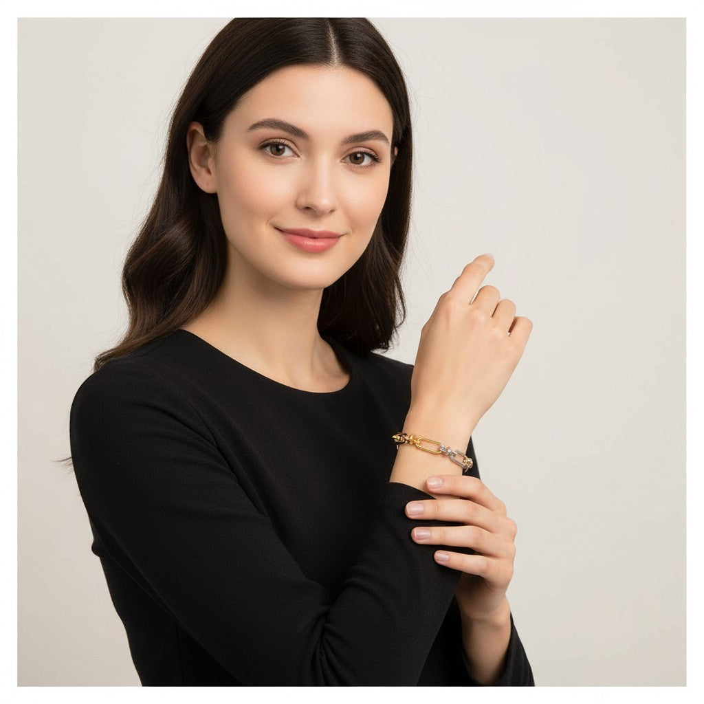 Seraphina Treasures Isolde two-tone link bracelet with cross clasp, silver and gold plated stainless steel.