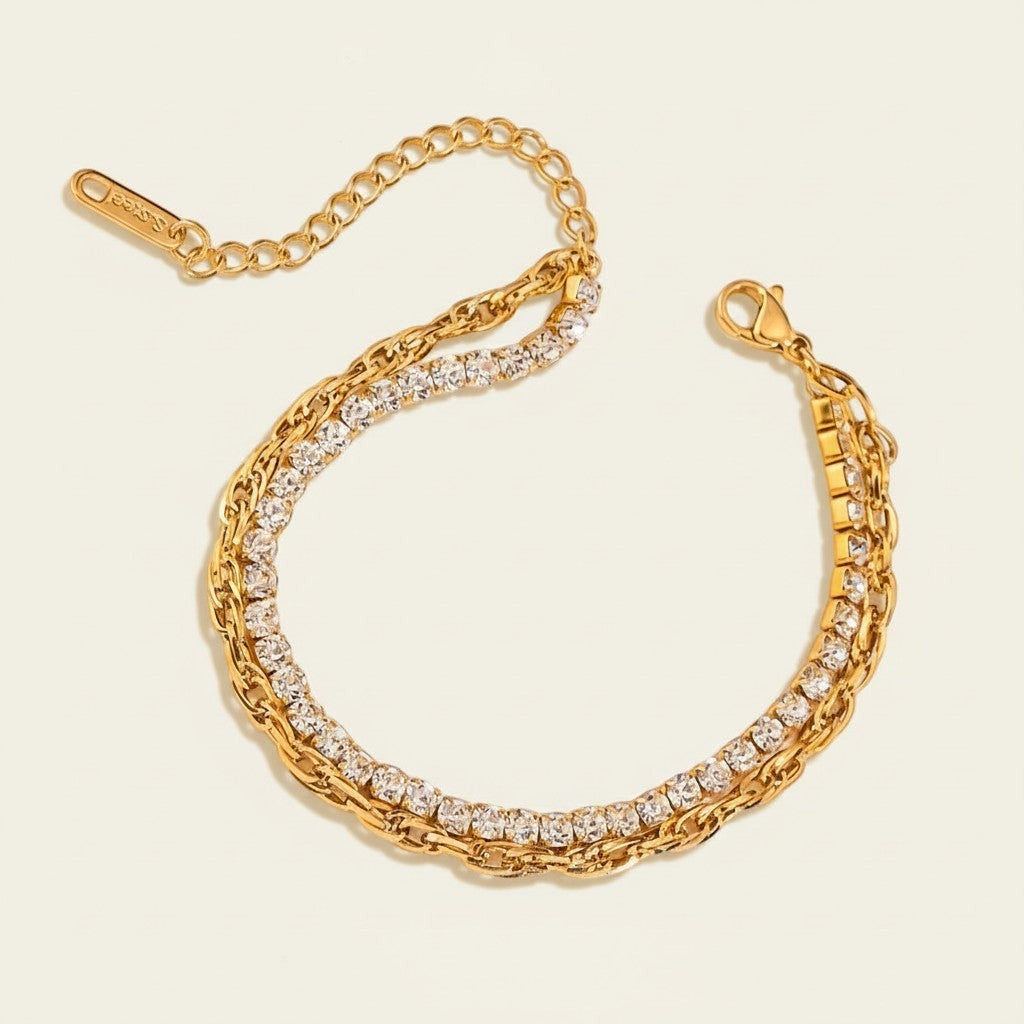 Seraphina Treasures Ithela gold-tone layered bracelet with clear crystals and adjustable clasp.
