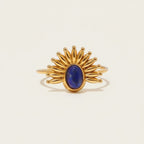 Seraphina Treasures Jettara ring with oval lapis stone set in a golden sunburst open band. Adjustable.