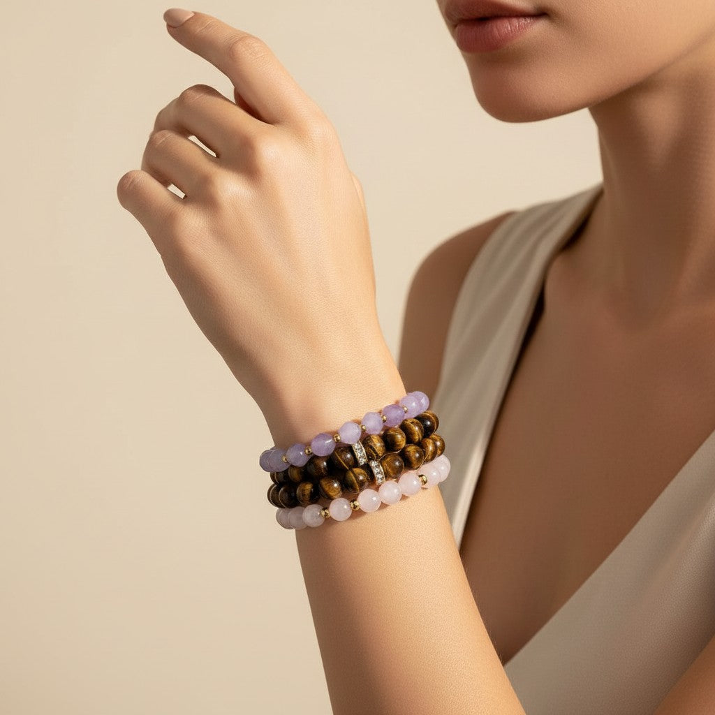 Seraphina Treasures Jocasta bracelet set with tiger's eye, rose quartz, and lavender jade beads, accented with gold spacers and a pearl.