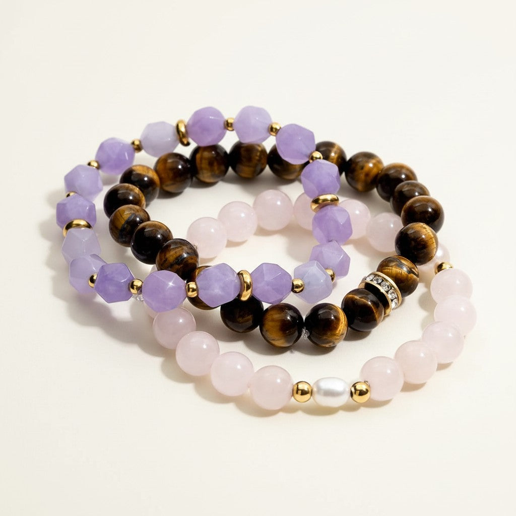 Seraphina Treasures Jocasta bracelet set with rose quartz, tiger's eye, and lavender jade beads with gold accents.