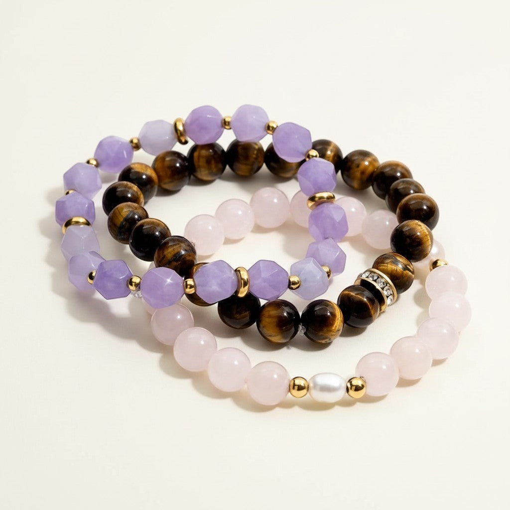 Seraphina Treasures Jocasta bracelet set with rose quartz, tiger's eye, and lavender jade beads with gold accents.