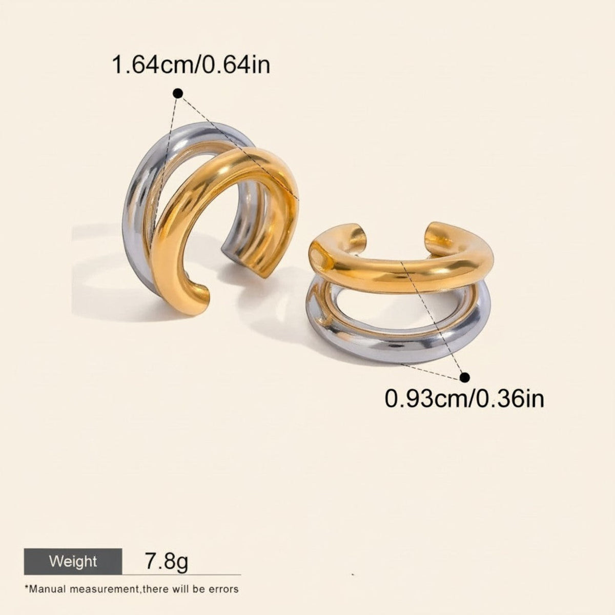 Seraphina Treasures Jovara gold and silver interlocking cuff earrings. Waterproof and hypoallergenic.