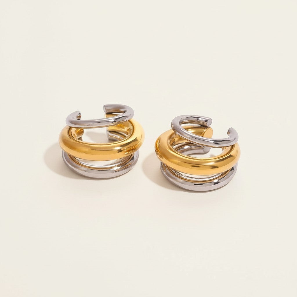 Seraphina Treasures Jovira ear clip with stacked gold and silver geometric hoops. No piercing needed.