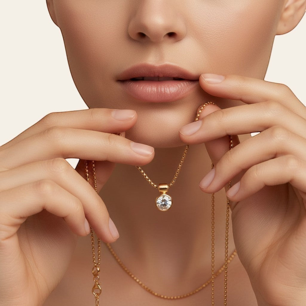 Seraphina Treasures Kallistra gold necklace with oval zircon pendant. Delicate chain, minimalist design, perfect for layering or solo wear.