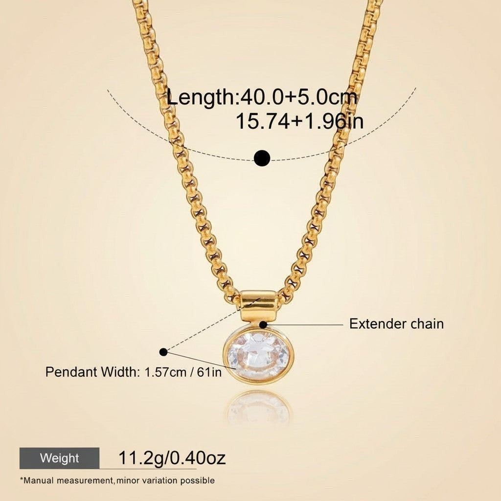 Seraphina Treasures Kallistra gold necklace with oval zircon pendant and extender chain. Waterproof and hypoallergenic.