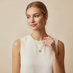 Seraphina Treasures Keeva gold necklace with two delicate chains and interlocking rings pendant.
