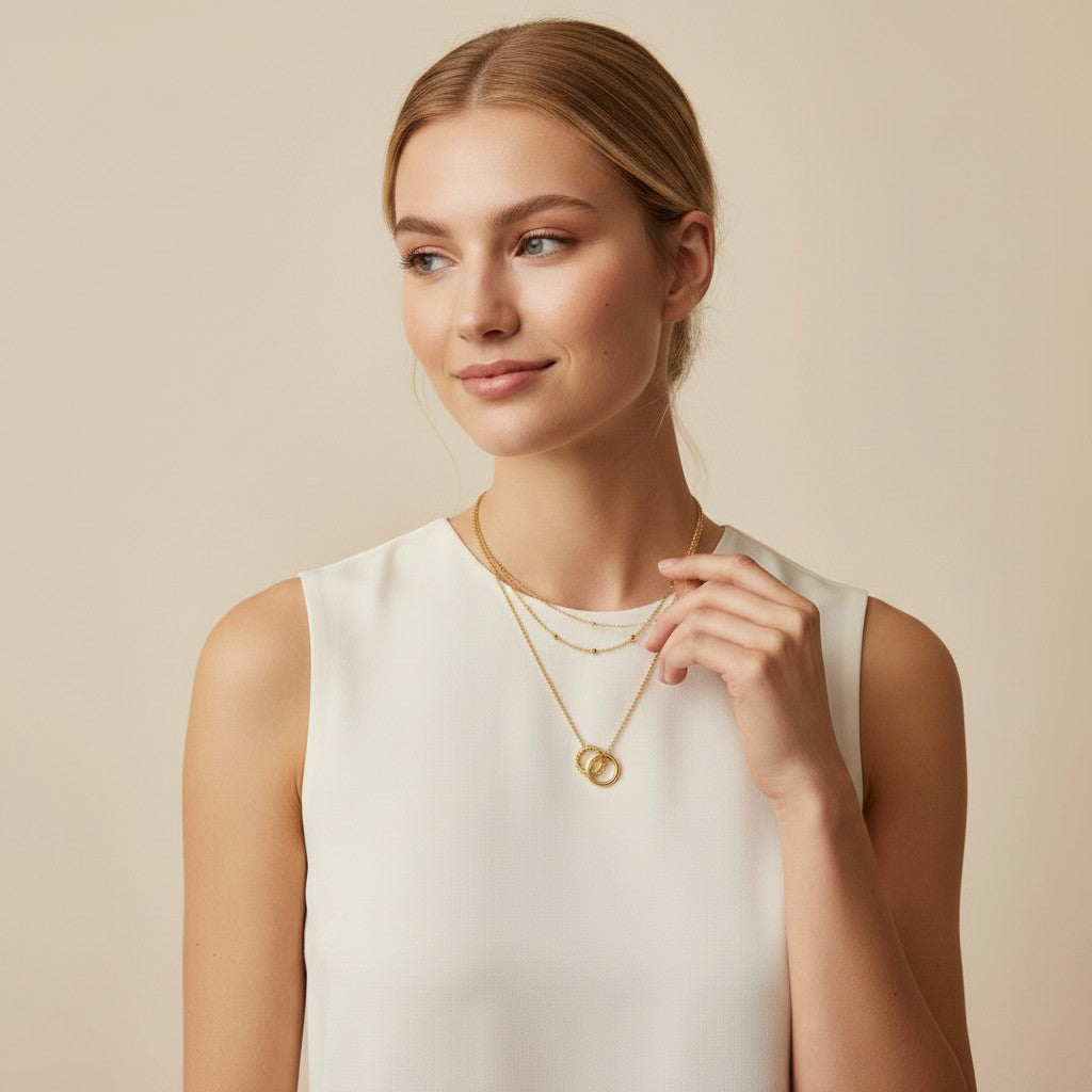 Seraphina Treasures Keeva gold necklace with two delicate chains and interlocking rings pendant.