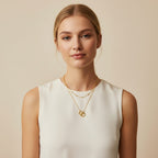 Seraphina Treasures Keeva gold necklace with two delicate chains and interlocking ring pendant.
