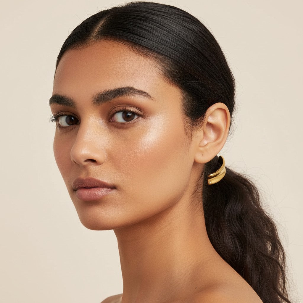 Seraphina Treasures Khepri gold-plated hair tie with a black elastic band and a curved, polished gold accent.