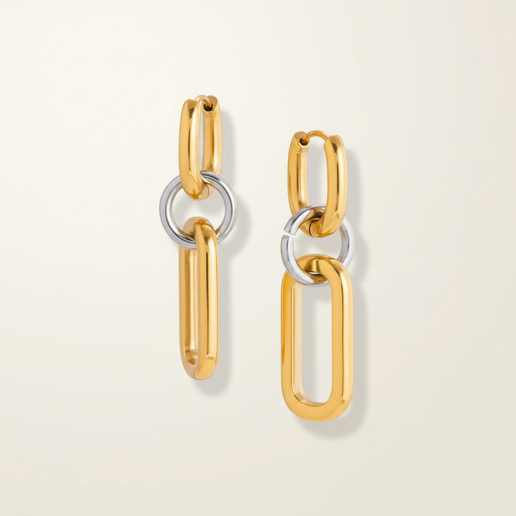 Seraphina Treasures Kyralith gold and silver tone metal link drop earrings with angular shapes.