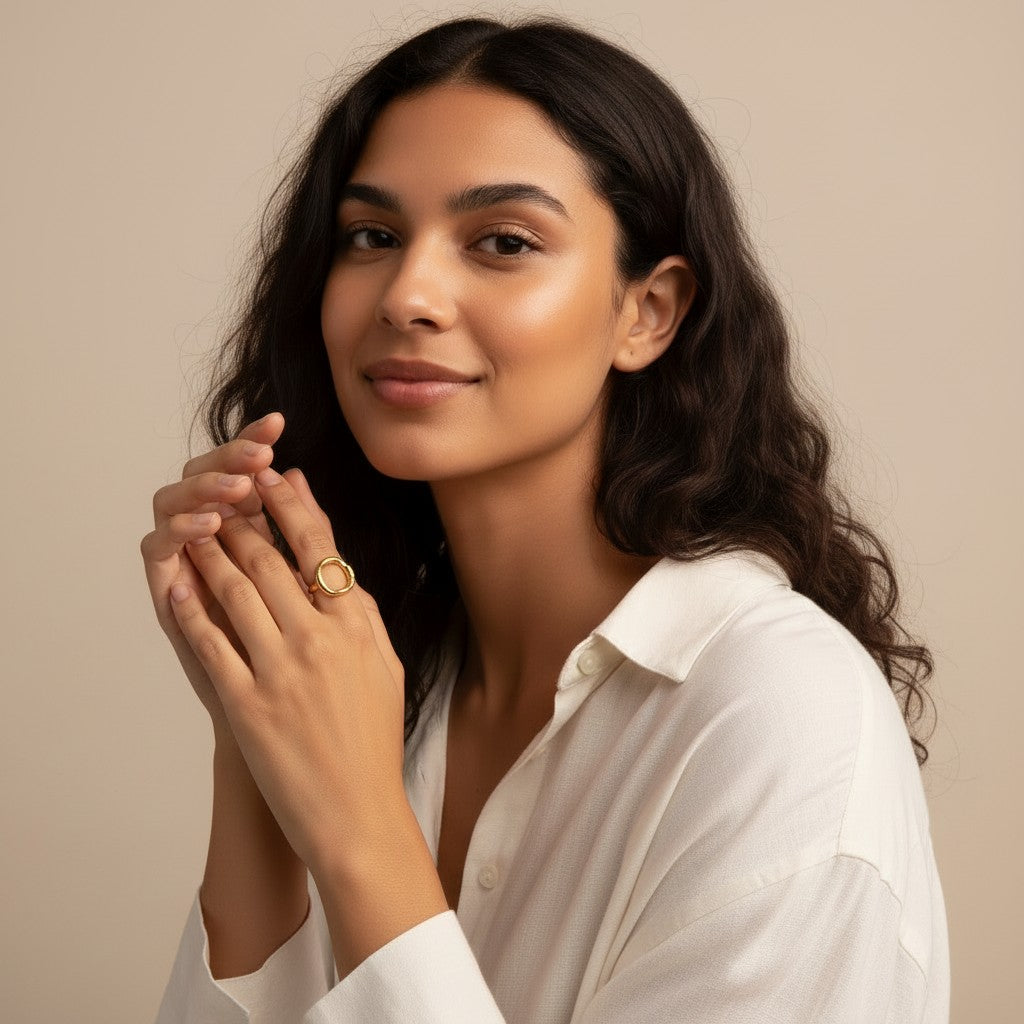 Seraphina Treasures Lava ring, a gold-tone hollow circular design on a woman's finger.