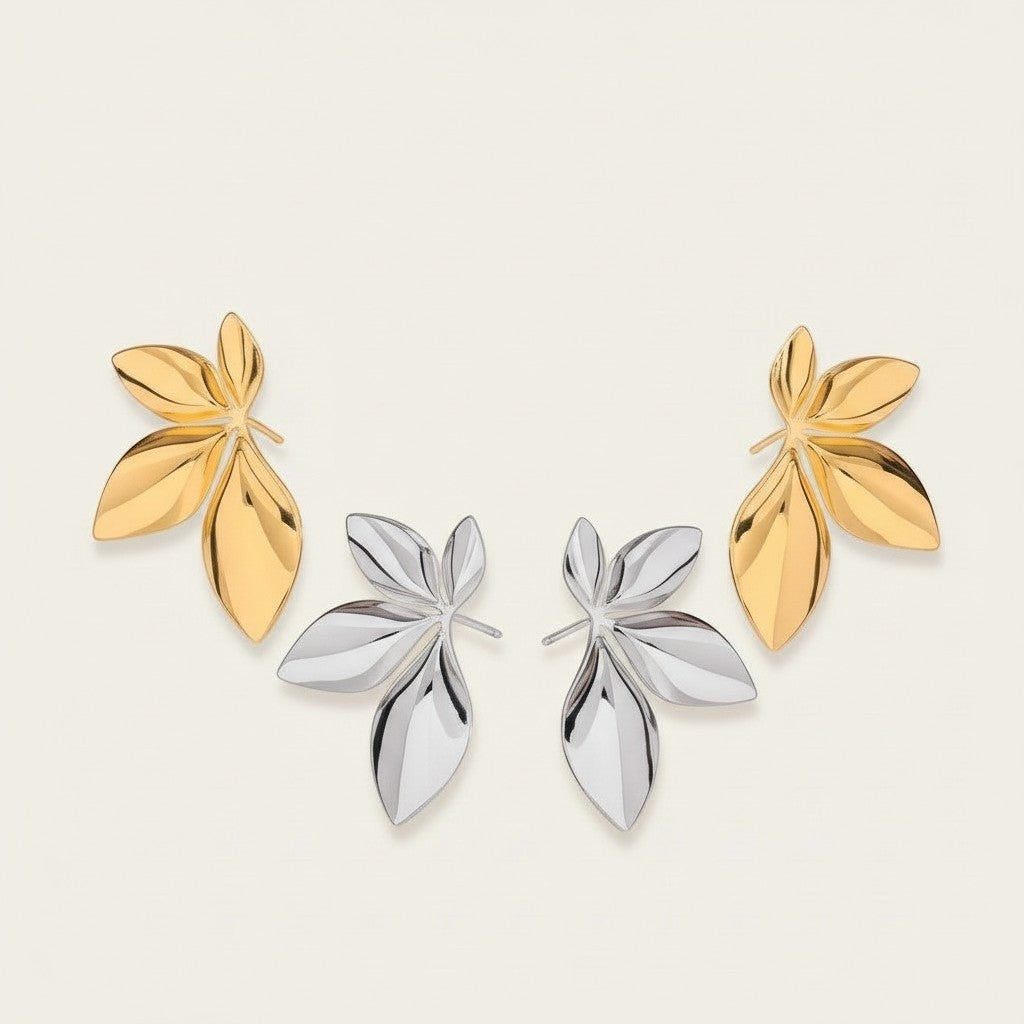 Seraphina Treasures Sylvara leaf earrings in gold and silver finishes. Elegant, nature-inspired design.