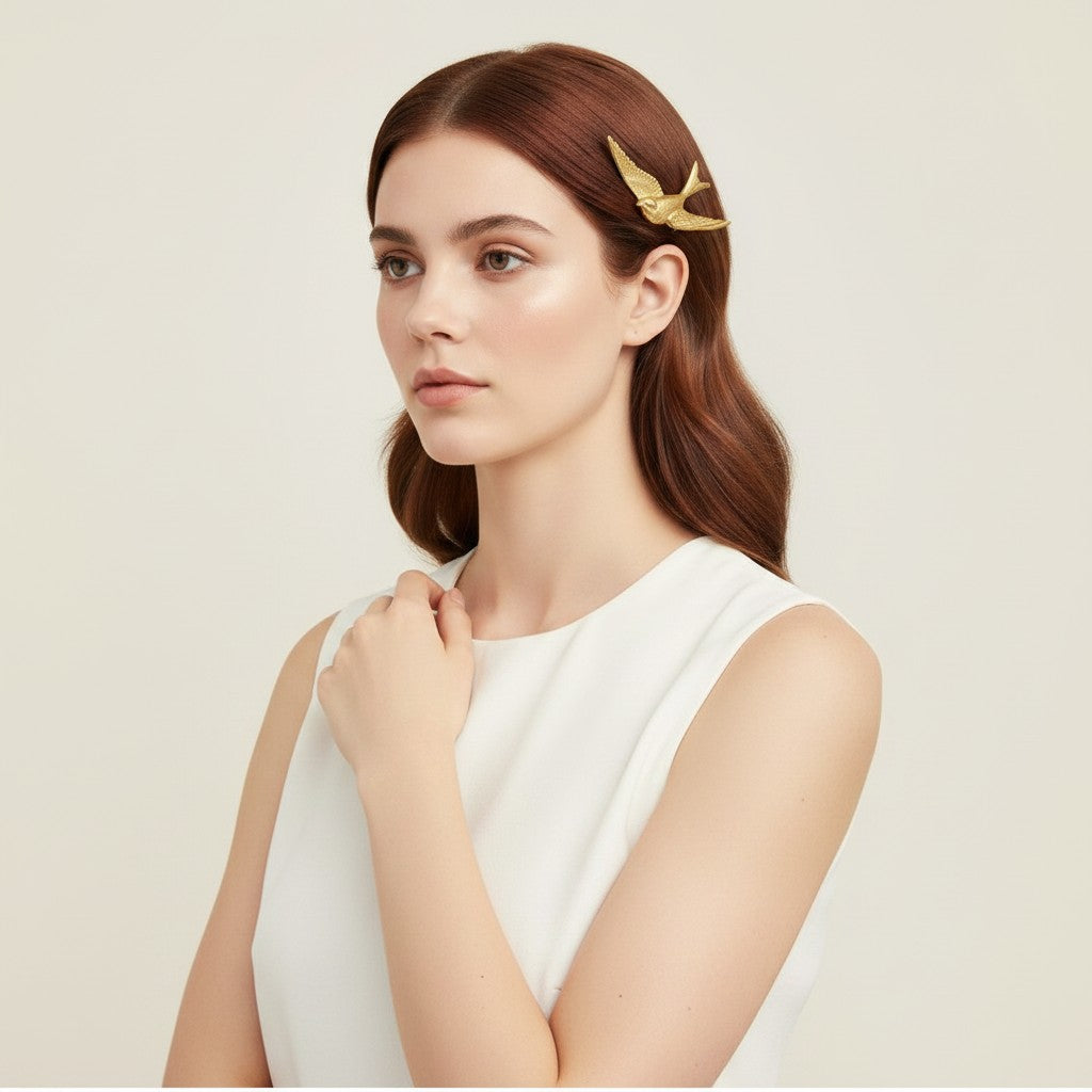 Seraphina Treasures Lilitu gold flying bird hair clip accessory for women.