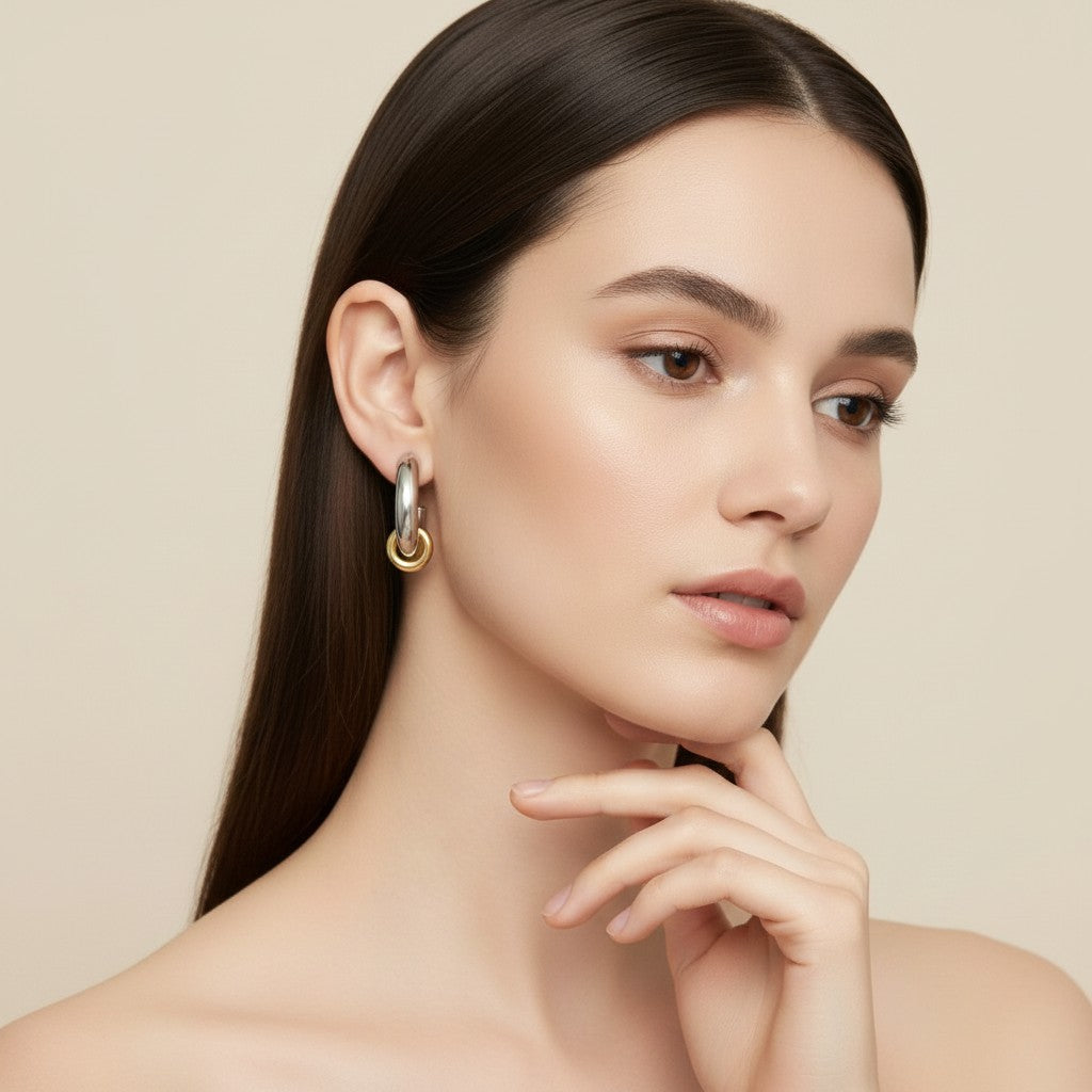 Seraphina Treasures Lunessa two-tone hoop dangle earrings in silver and gold.