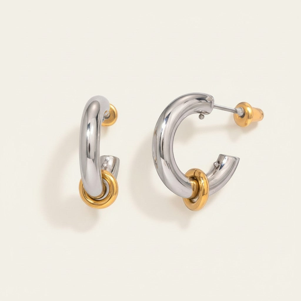 Seraphina Treasures Lunessa two-tone hoop dangle earrings with gold accent rings and posts.