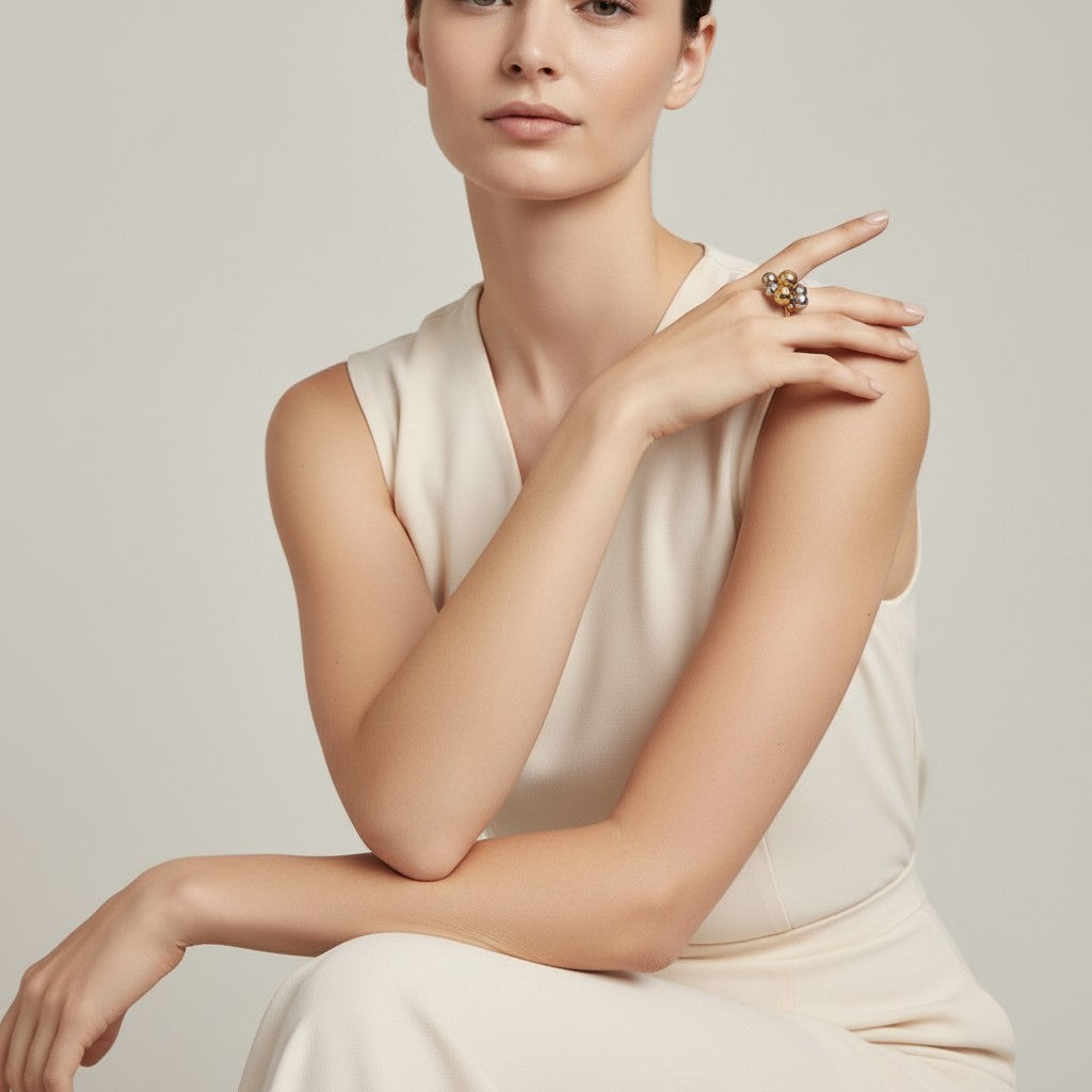 Seraphina Treasures Luxadore ring with gold and silver bead cluster detail on a woman's finger.