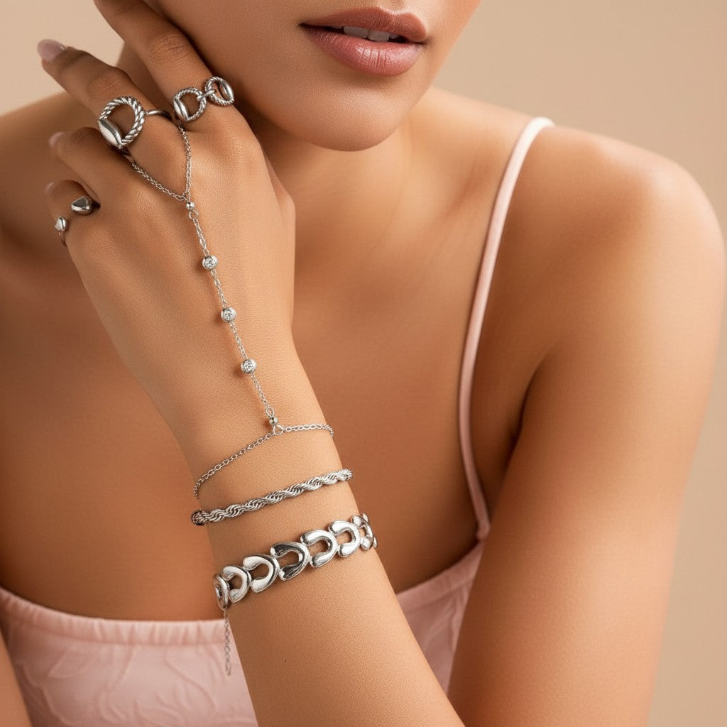 Seraphina Treasures Lyra connected bracelet and ring set with cubic zirconia stones and rope chain bracelet.