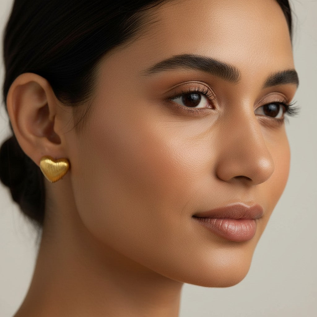 Seraphina Treasures Lyraea gold heart earrings with ribbed texture, modern design.