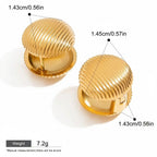 Seraphina Treasures Lyraea gold ribbed stud earrings with hypoallergenic and waterproof features.