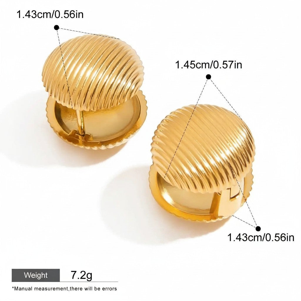 Seraphina Treasures Lyraea gold ribbed stud earrings with hypoallergenic and waterproof features.