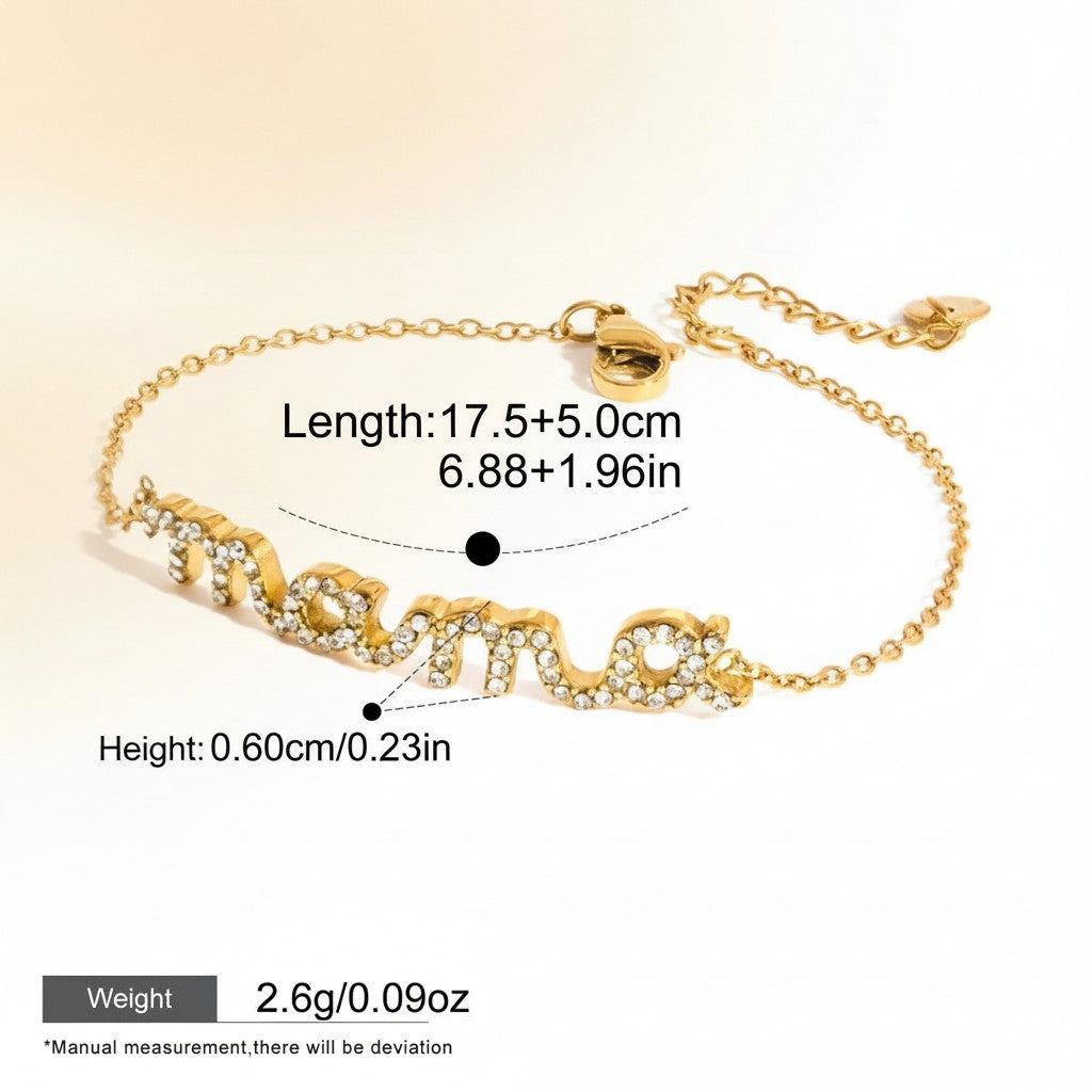 Seraphina Treasures gold-tone bracelet with crystal-encrusted "MAMA" lettering, adjustable chain, and lobster clasp.
