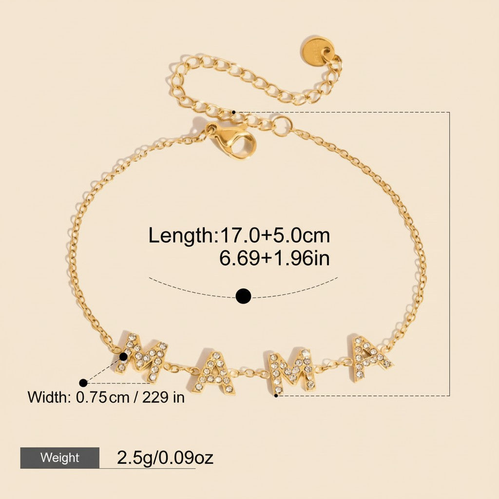 Seraphina Treasures gold-tone bracelet with crystal-encrusted 'MAMA' letters, adjustable chain, 17cm+5cm length.