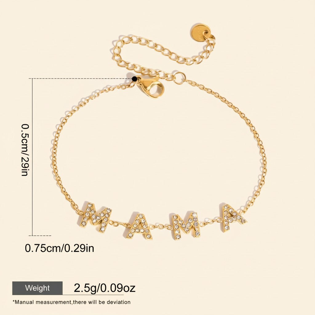 Seraphina Treasures gold-tone bracelet with crystal-studded 'MAMA' charms, adjustable length, perfect for moms.