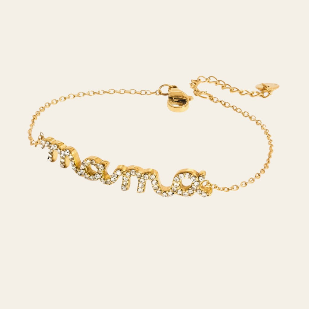 Seraphina Treasures gold-tone bracelet with crystal-studded "MAMA" charms, adjustable length, perfect for moms.