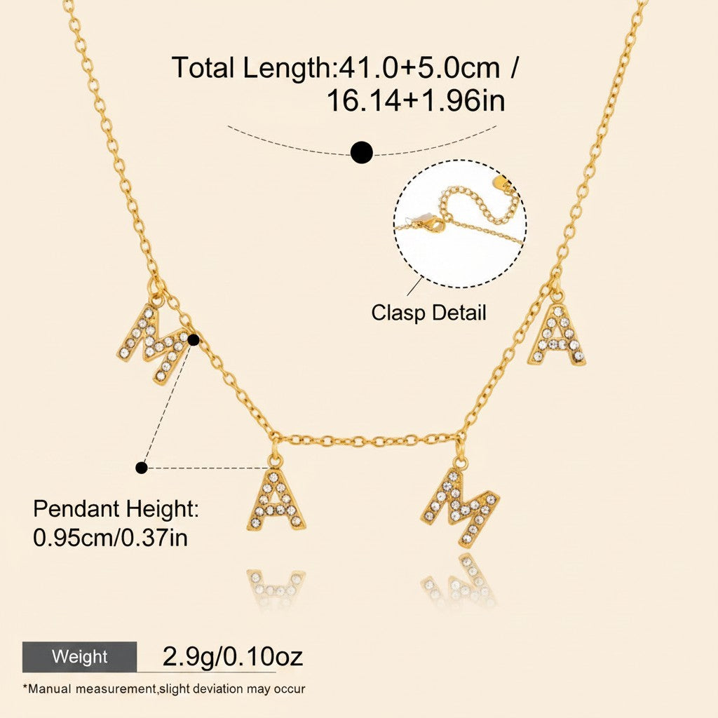 Seraphina Treasures gold finish necklace with crystal-encrusted "MAMA" letters, 41cm+5cm length.