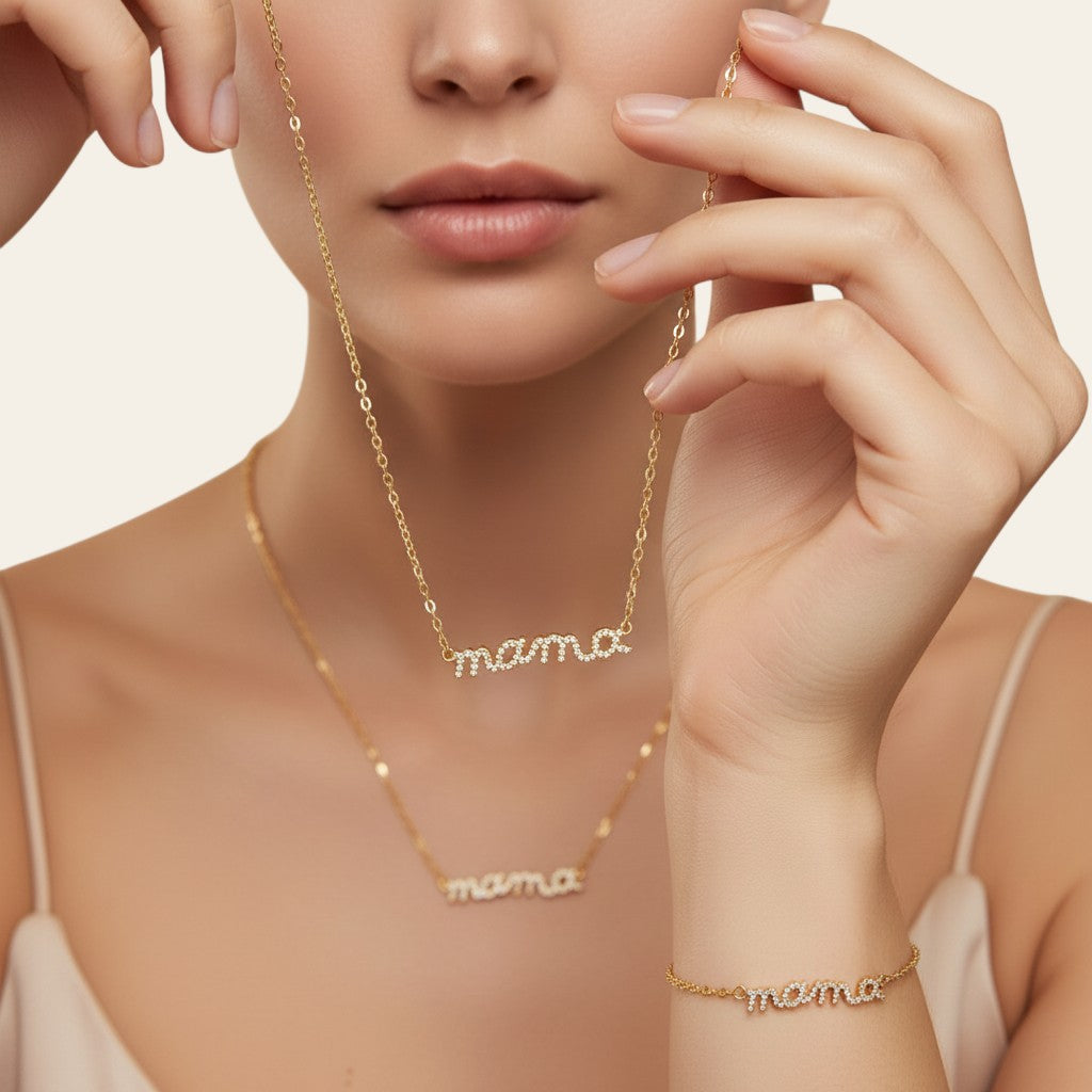 Seraphina Treasures gold finish necklace and bracelet set with crystal-embellished "MAMA" lettering.