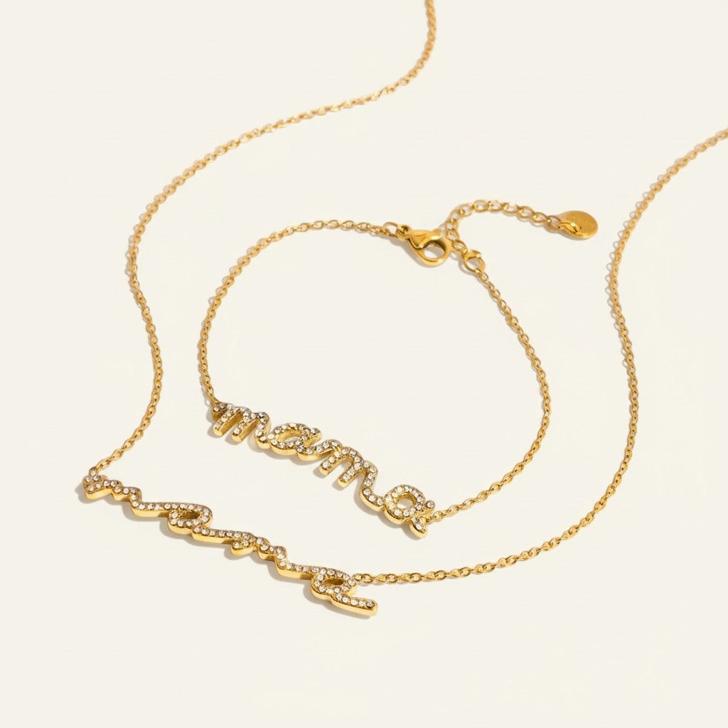 Seraphina Treasures gold finish necklace and bracelet set with crystal-embellished "MAMA" lettering.
